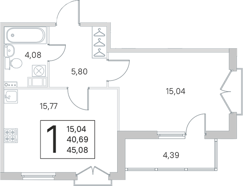 1-комнатная квартира 40.69 м², 3/4 эт., ЖК «Любоград в Стрельне»